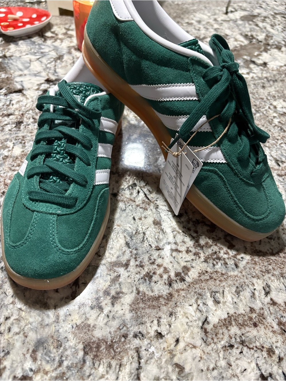 ADIDAS GAZELLE-Women's Green Suede Sneakers with White Stripes. NWT!
